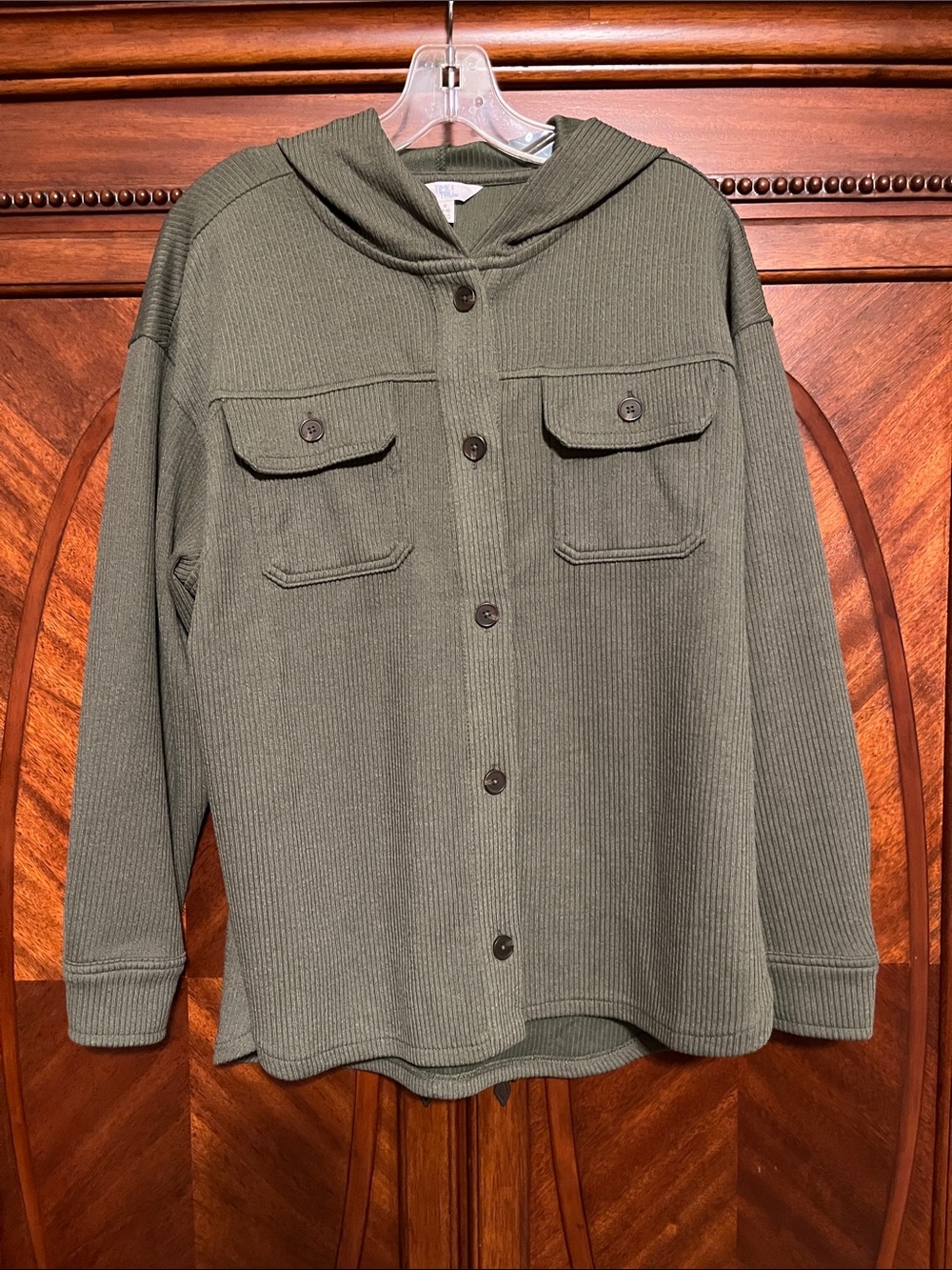 Time and Tru Olive Green Hooded Button-Front Shirt Jacket